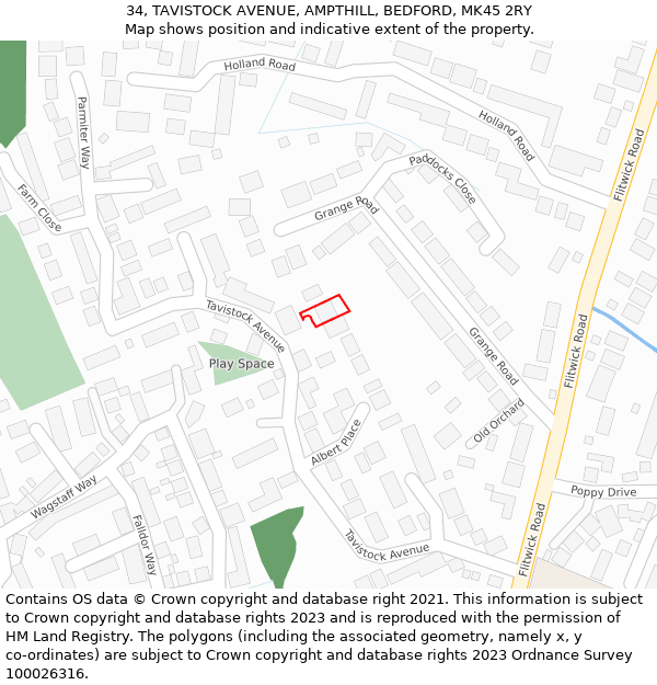 34, TAVISTOCK AVENUE, AMPTHILL, BEDFORD, MK45 2RY: Location map and indicative extent of plot