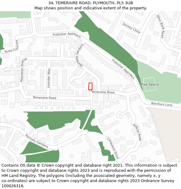 34, TEMERAIRE ROAD, PLYMOUTH, PL5 3UB: Location map and indicative extent of plot