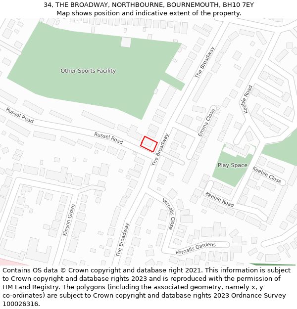 34, THE BROADWAY, NORTHBOURNE, BOURNEMOUTH, BH10 7EY: Location map and indicative extent of plot