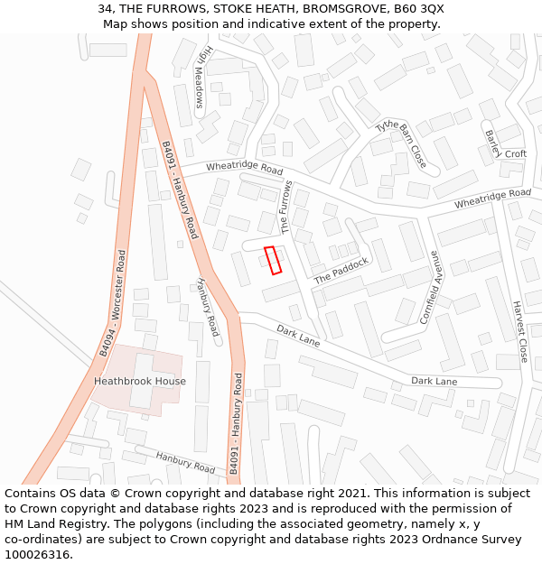 34, THE FURROWS, STOKE HEATH, BROMSGROVE, B60 3QX: Location map and indicative extent of plot