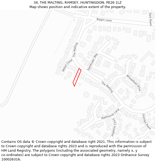 34, THE MALTING, RAMSEY, HUNTINGDON, PE26 1LZ: Location map and indicative extent of plot