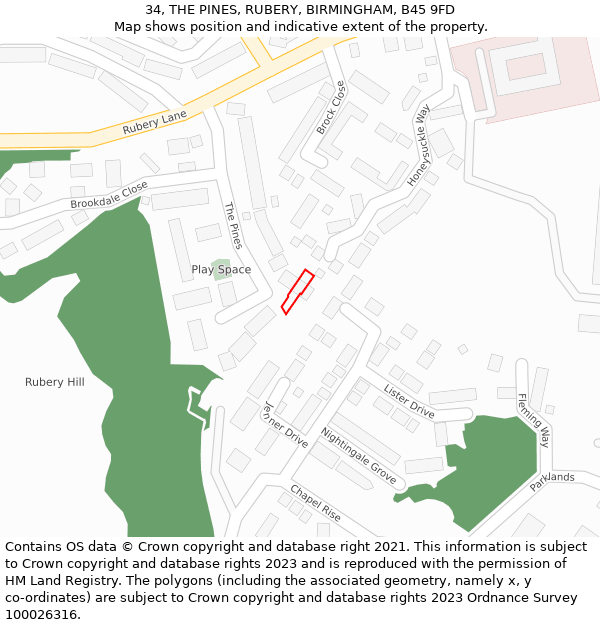 34, THE PINES, RUBERY, BIRMINGHAM, B45 9FD: Location map and indicative extent of plot