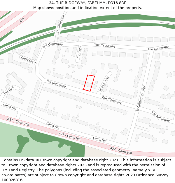 34, THE RIDGEWAY, FAREHAM, PO16 8RE: Location map and indicative extent of plot