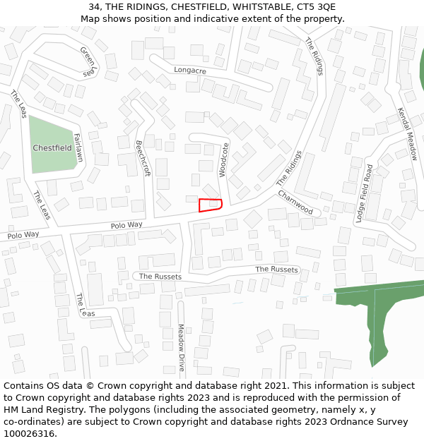 34, THE RIDINGS, CHESTFIELD, WHITSTABLE, CT5 3QE: Location map and indicative extent of plot