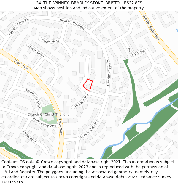 34, THE SPINNEY, BRADLEY STOKE, BRISTOL, BS32 8ES: Location map and indicative extent of plot