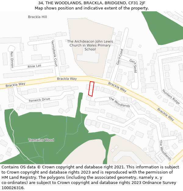 34, THE WOODLANDS, BRACKLA, BRIDGEND, CF31 2JF: Location map and indicative extent of plot