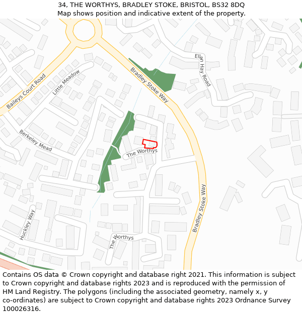 34, THE WORTHYS, BRADLEY STOKE, BRISTOL, BS32 8DQ: Location map and indicative extent of plot