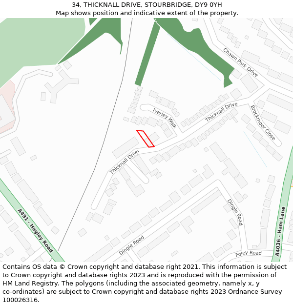 34, THICKNALL DRIVE, STOURBRIDGE, DY9 0YH: Location map and indicative extent of plot
