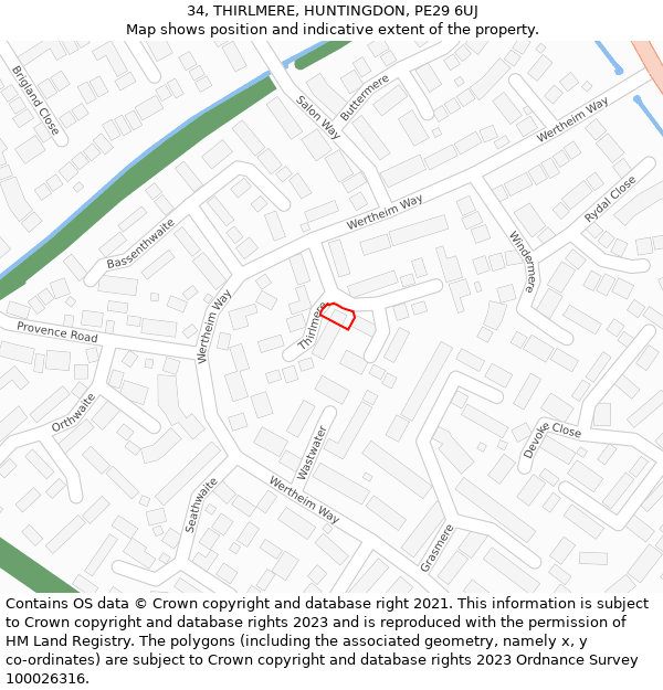 34, THIRLMERE, HUNTINGDON, PE29 6UJ: Location map and indicative extent of plot