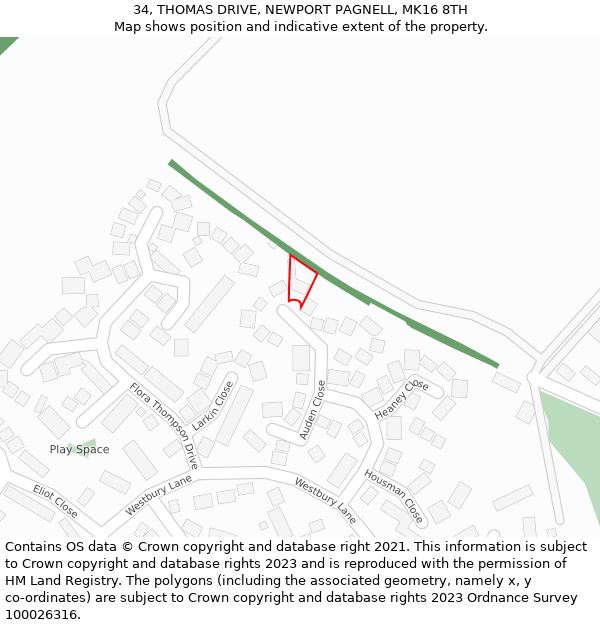 34, THOMAS DRIVE, NEWPORT PAGNELL, MK16 8TH: Location map and indicative extent of plot