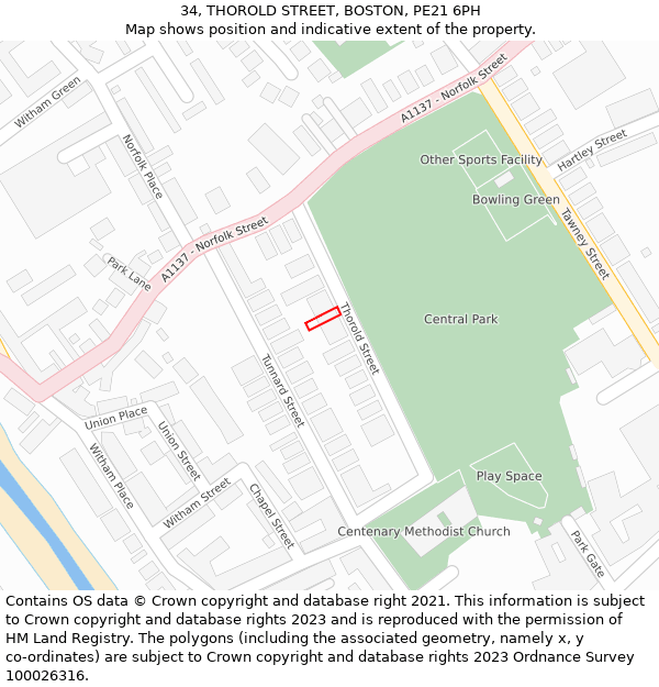 34, THOROLD STREET, BOSTON, PE21 6PH: Location map and indicative extent of plot