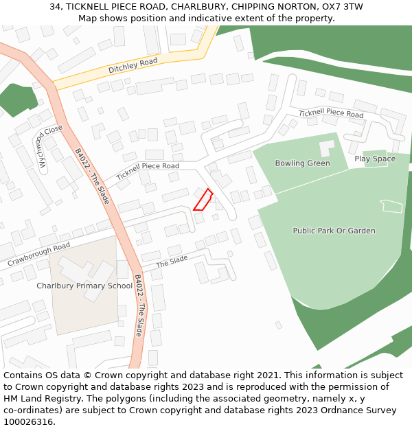 34, TICKNELL PIECE ROAD, CHARLBURY, CHIPPING NORTON, OX7 3TW: Location map and indicative extent of plot