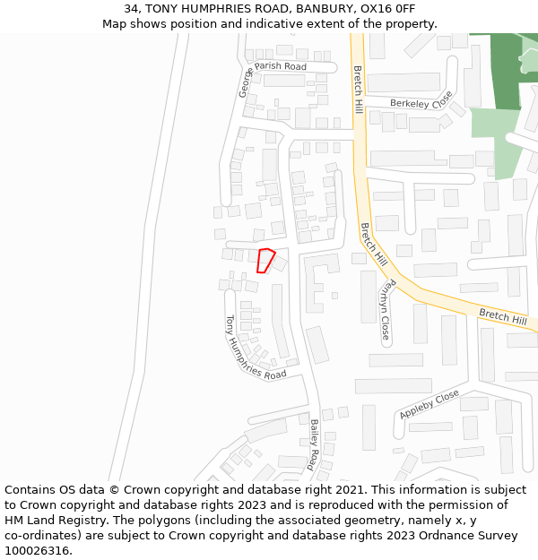 34, TONY HUMPHRIES ROAD, BANBURY, OX16 0FF: Location map and indicative extent of plot