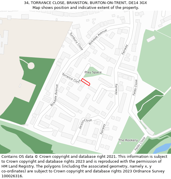 34, TORRANCE CLOSE, BRANSTON, BURTON-ON-TRENT, DE14 3GX: Location map and indicative extent of plot