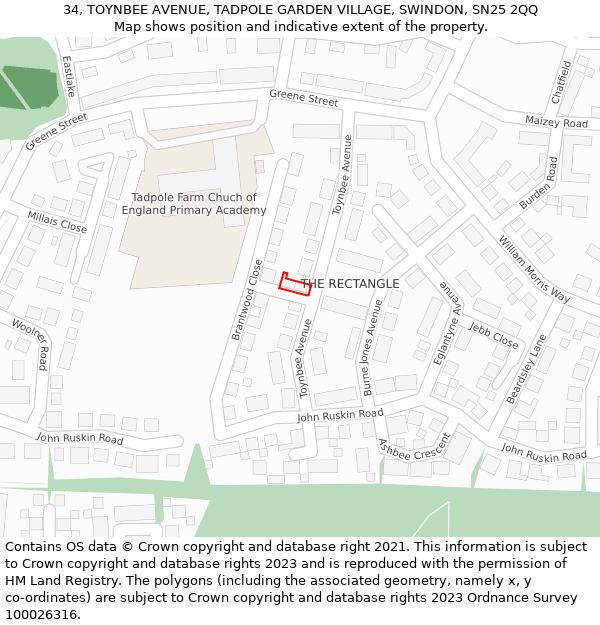 34, TOYNBEE AVENUE, TADPOLE GARDEN VILLAGE, SWINDON, SN25 2QQ: Location map and indicative extent of plot