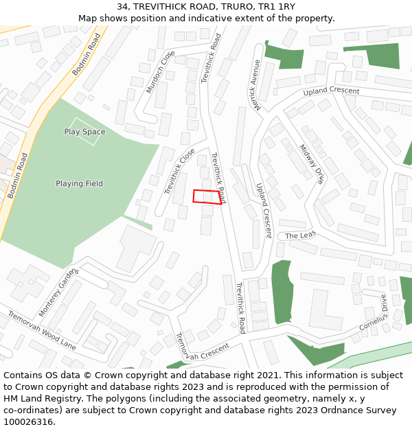 34, TREVITHICK ROAD, TRURO, TR1 1RY: Location map and indicative extent of plot