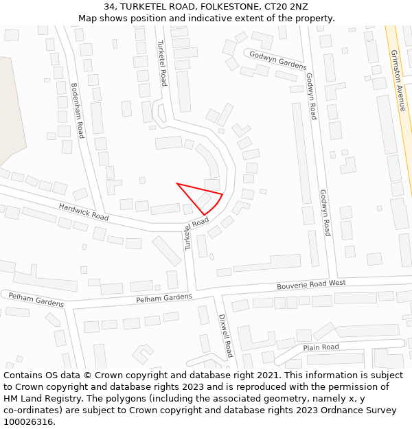 34, TURKETEL ROAD, FOLKESTONE, CT20 2NZ: Location map and indicative extent of plot