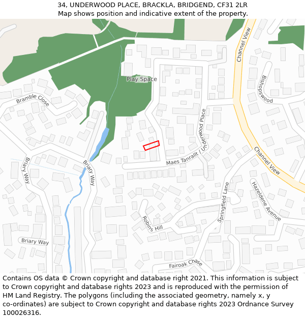 34, UNDERWOOD PLACE, BRACKLA, BRIDGEND, CF31 2LR: Location map and indicative extent of plot