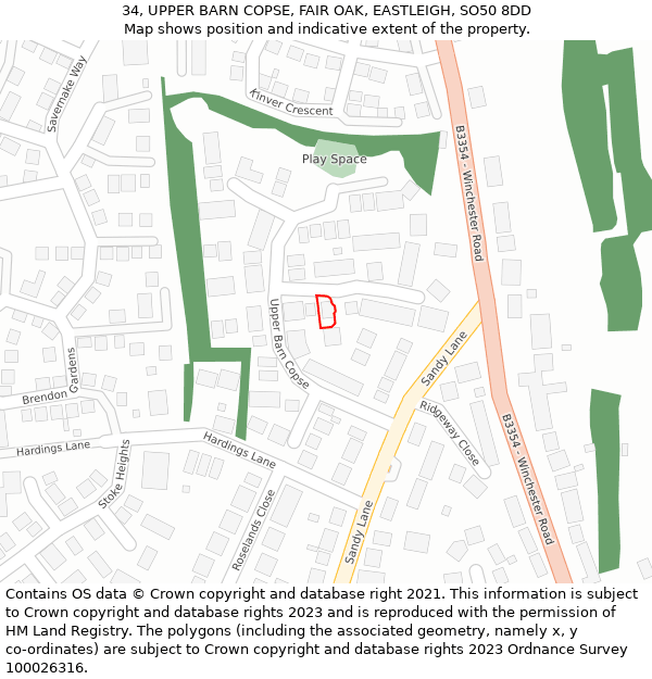 34, UPPER BARN COPSE, FAIR OAK, EASTLEIGH, SO50 8DD: Location map and indicative extent of plot