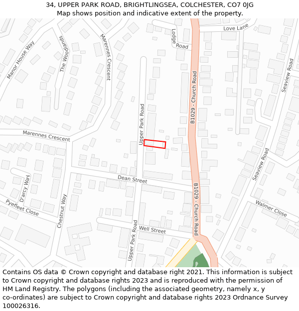 34, UPPER PARK ROAD, BRIGHTLINGSEA, COLCHESTER, CO7 0JG: Location map and indicative extent of plot