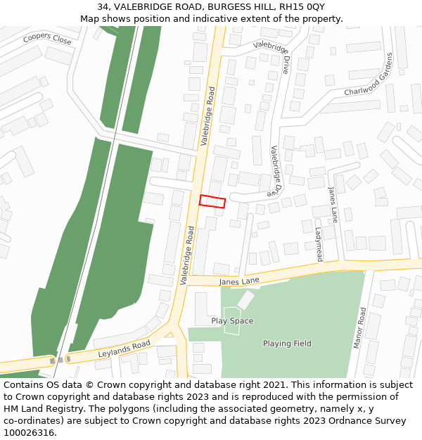 34, VALEBRIDGE ROAD, BURGESS HILL, RH15 0QY: Location map and indicative extent of plot