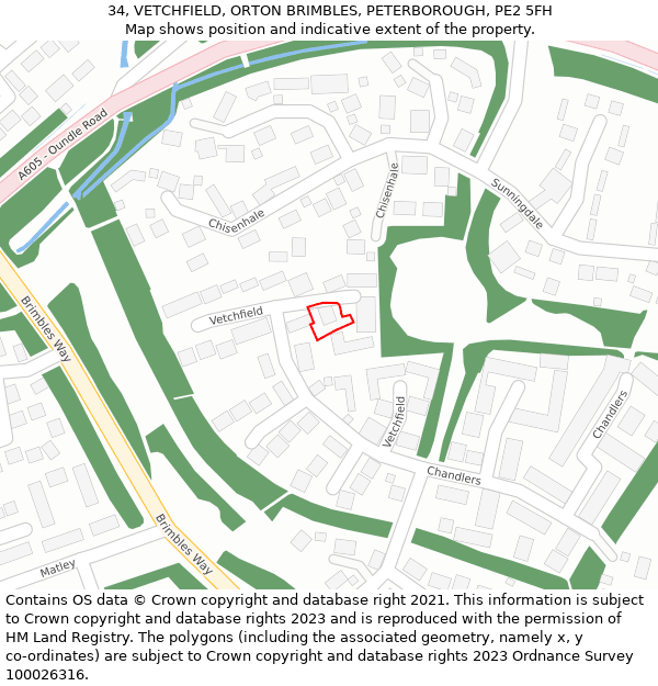 34, VETCHFIELD, ORTON BRIMBLES, PETERBOROUGH, PE2 5FH: Location map and indicative extent of plot