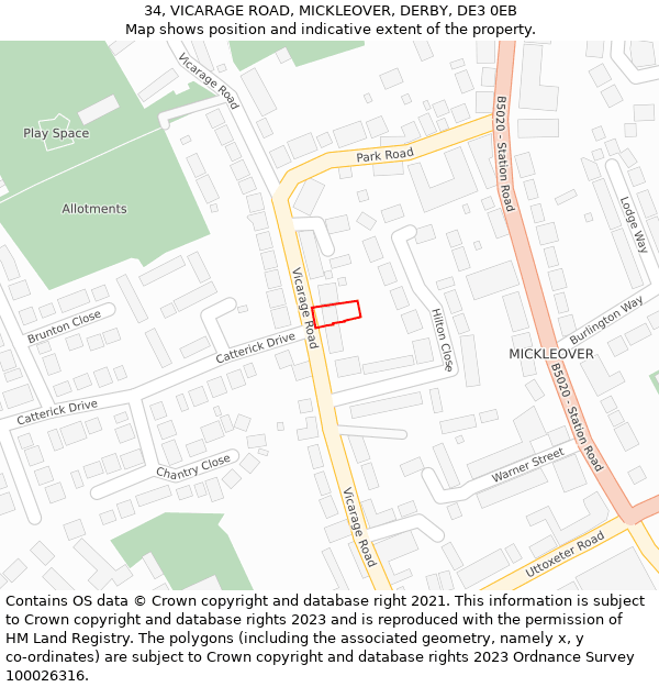 34, VICARAGE ROAD, MICKLEOVER, DERBY, DE3 0EB: Location map and indicative extent of plot