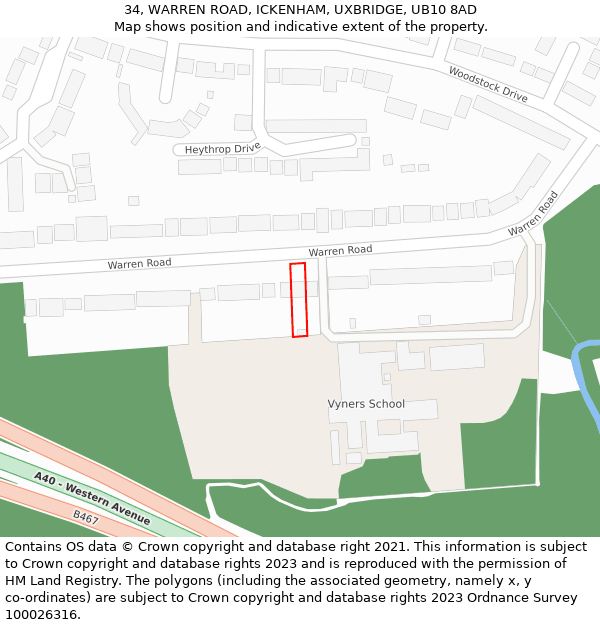 34, WARREN ROAD, ICKENHAM, UXBRIDGE, UB10 8AD: Location map and indicative extent of plot