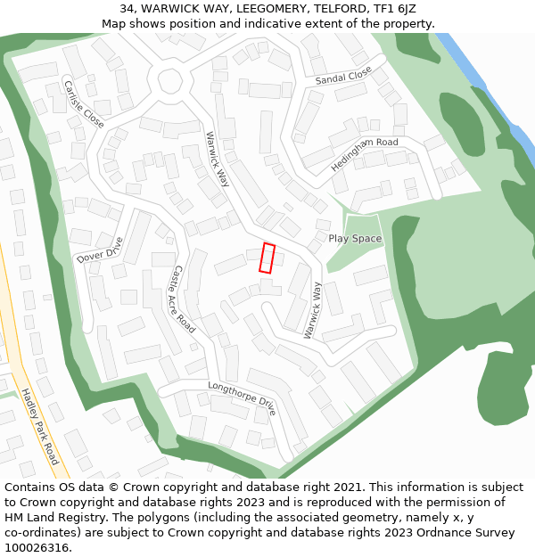 34, WARWICK WAY, LEEGOMERY, TELFORD, TF1 6JZ: Location map and indicative extent of plot