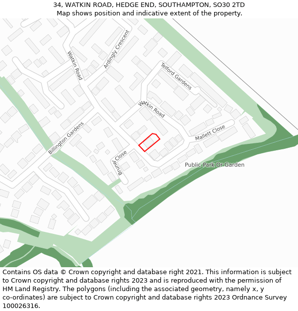 34, WATKIN ROAD, HEDGE END, SOUTHAMPTON, SO30 2TD: Location map and indicative extent of plot