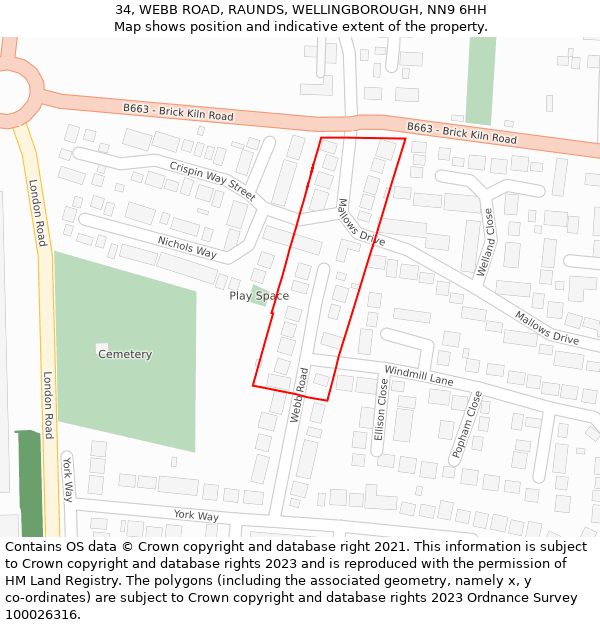 34, WEBB ROAD, RAUNDS, WELLINGBOROUGH, NN9 6HH: Location map and indicative extent of plot