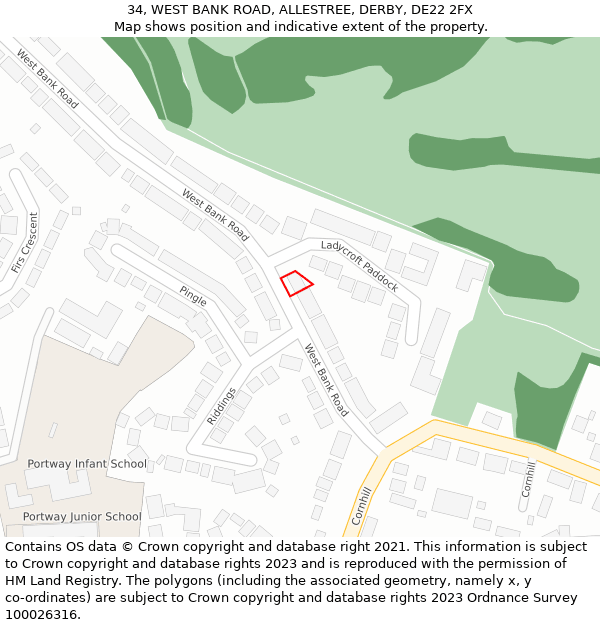 34, WEST BANK ROAD, ALLESTREE, DERBY, DE22 2FX: Location map and indicative extent of plot