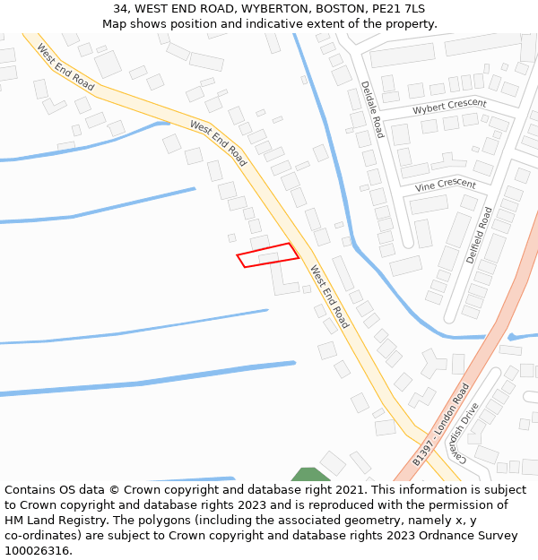 34, WEST END ROAD, WYBERTON, BOSTON, PE21 7LS: Location map and indicative extent of plot