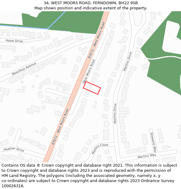 34, WEST MOORS ROAD, FERNDOWN, BH22 9SB: Location map and indicative extent of plot