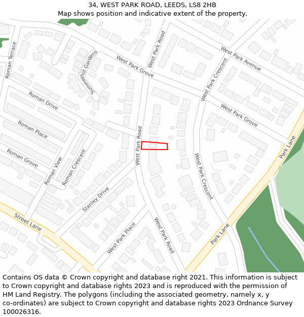 34, WEST PARK ROAD, LEEDS, LS8 2HB: Location map and indicative extent of plot