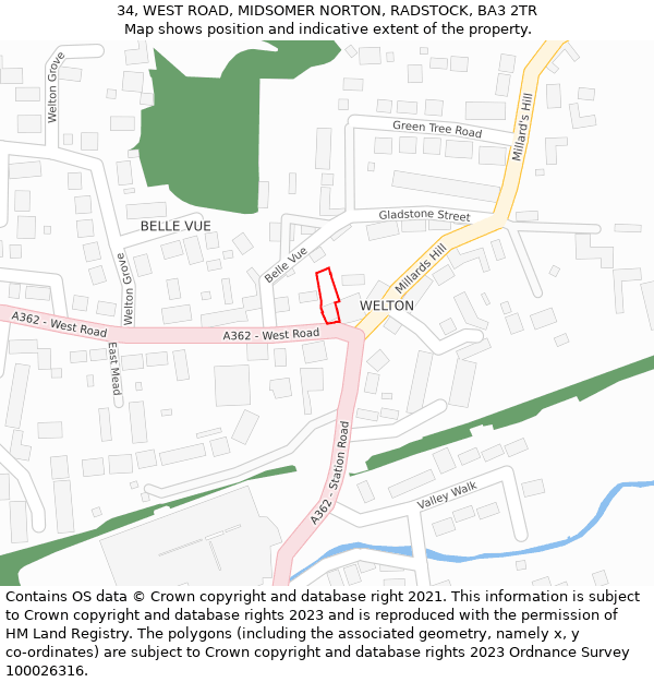 34, WEST ROAD, MIDSOMER NORTON, RADSTOCK, BA3 2TR: Location map and indicative extent of plot