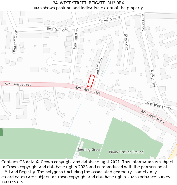 34, WEST STREET, REIGATE, RH2 9BX: Location map and indicative extent of plot