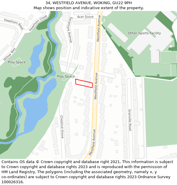 34, WESTFIELD AVENUE, WOKING, GU22 9PH: Location map and indicative extent of plot