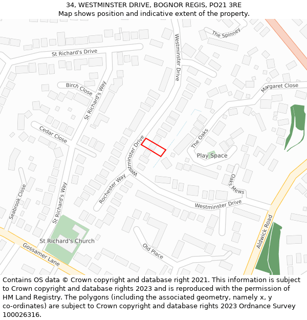 34, WESTMINSTER DRIVE, BOGNOR REGIS, PO21 3RE: Location map and indicative extent of plot