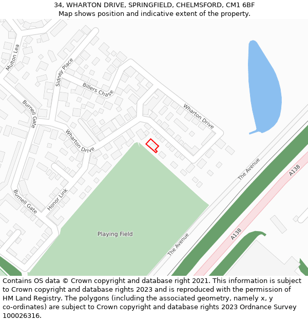 34, WHARTON DRIVE, SPRINGFIELD, CHELMSFORD, CM1 6BF: Location map and indicative extent of plot