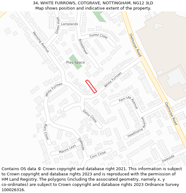 34, WHITE FURROWS, COTGRAVE, NOTTINGHAM, NG12 3LD: Location map and indicative extent of plot