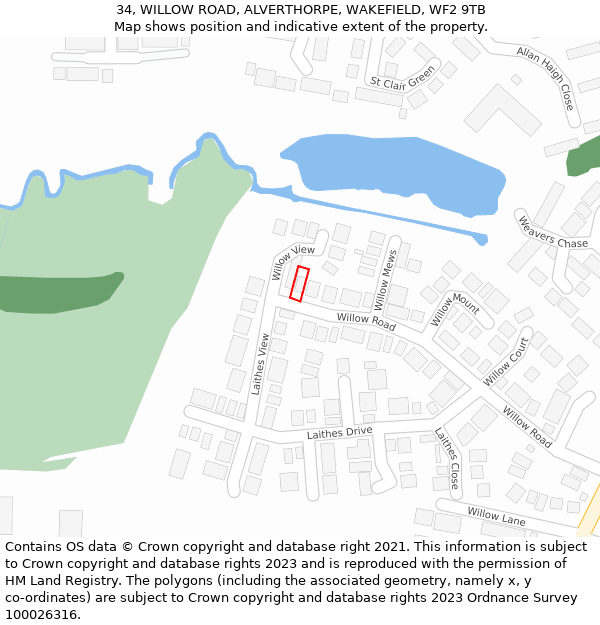 34, WILLOW ROAD, ALVERTHORPE, WAKEFIELD, WF2 9TB: Location map and indicative extent of plot