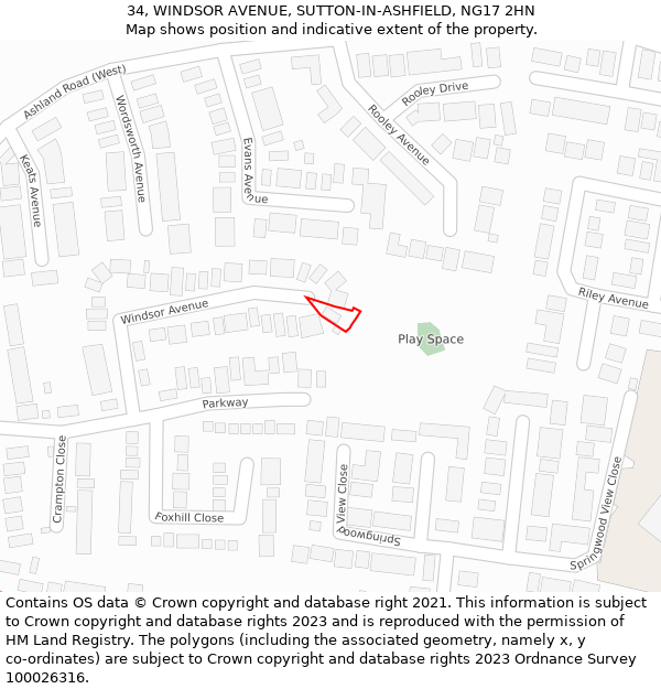 34, WINDSOR AVENUE, SUTTON-IN-ASHFIELD, NG17 2HN: Location map and indicative extent of plot