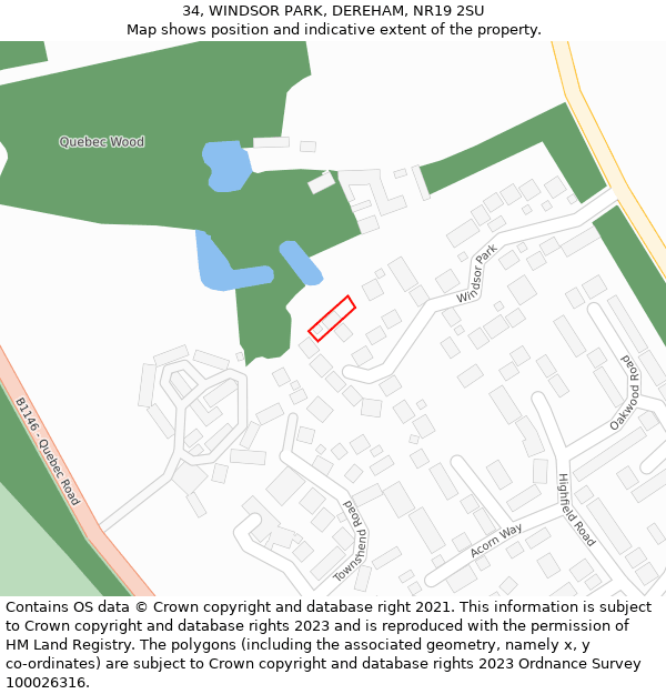 34, WINDSOR PARK, DEREHAM, NR19 2SU: Location map and indicative extent of plot