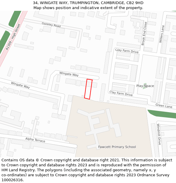 34, WINGATE WAY, TRUMPINGTON, CAMBRIDGE, CB2 9HD: Location map and indicative extent of plot