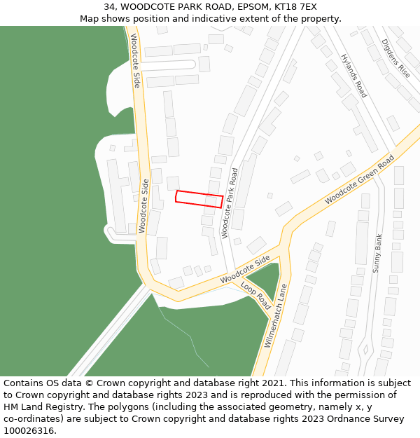 34, WOODCOTE PARK ROAD, EPSOM, KT18 7EX: Location map and indicative extent of plot