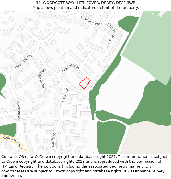 34, WOODCOTE WAY, LITTLEOVER, DERBY, DE23 3WR: Location map and indicative extent of plot