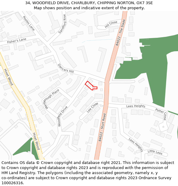 34, WOODFIELD DRIVE, CHARLBURY, CHIPPING NORTON, OX7 3SE: Location map and indicative extent of plot