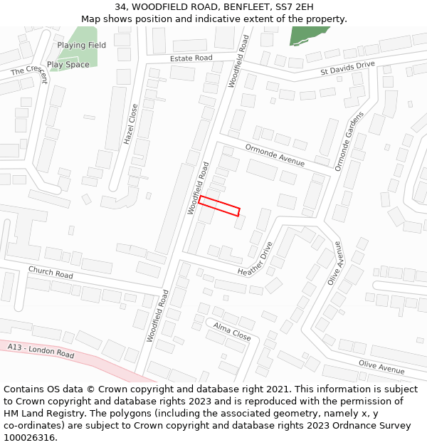 34, WOODFIELD ROAD, BENFLEET, SS7 2EH: Location map and indicative extent of plot