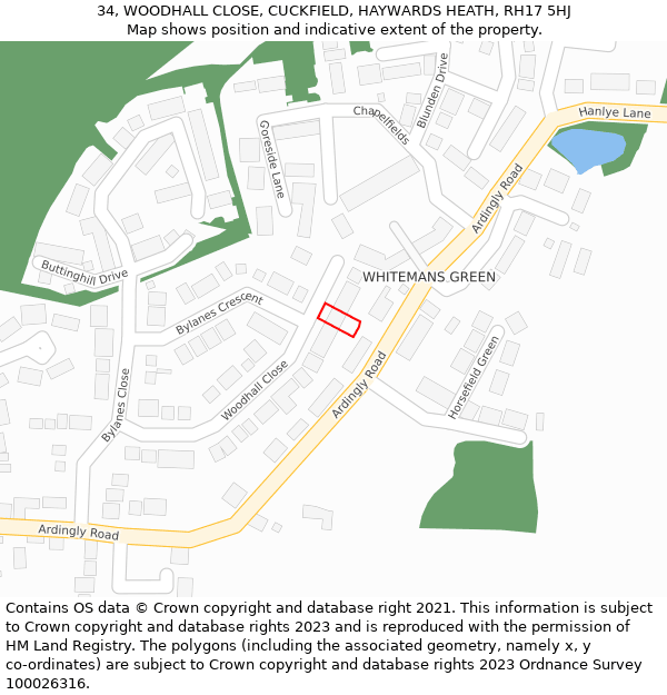 34, WOODHALL CLOSE, CUCKFIELD, HAYWARDS HEATH, RH17 5HJ: Location map and indicative extent of plot